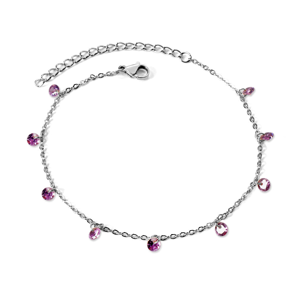 Anklet with 9 purple diamond-style accents, steel-tone.