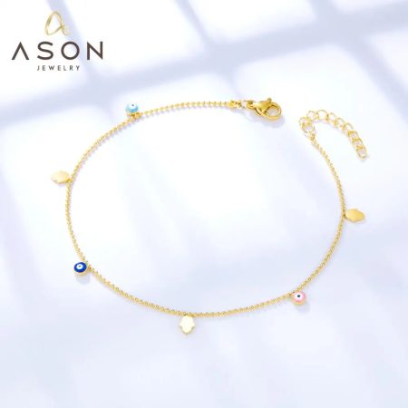 3 Hamsa Hand + 3 Multicolor Cat's Eye Anklets (22+3cm) – Steel Color