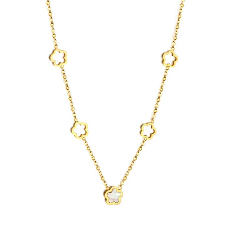 Gold-tone necklace (45+5cm) featuring four openwork peach blossom charms and a peach blossom charm accented with a white shell insert.